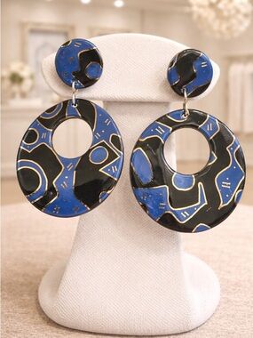 Vintage Signed S RUSSELL Black Blue Gold Tone Round Dangle Earrings Cocktail